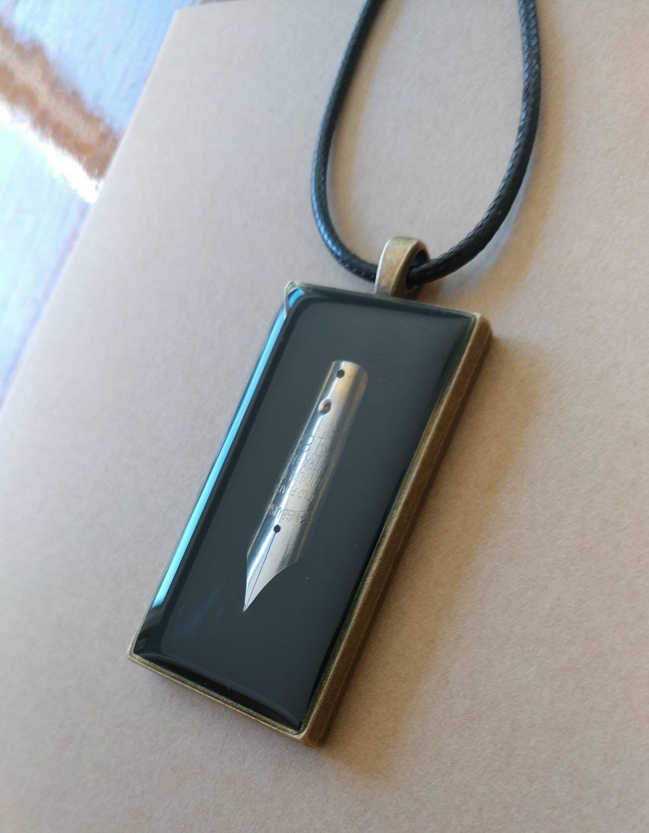 Fountain Pen Pendant Necklace with Silver nib sealed in clear resin