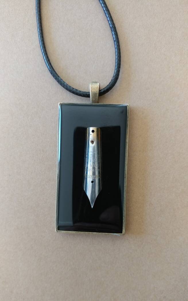 Fountain Pen Pendant Necklace with Silver nib sealed in clear resin