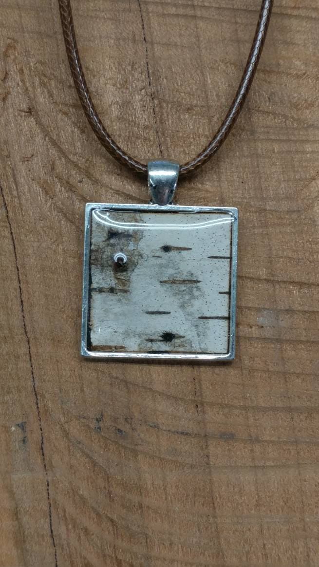 Birch Bark Pendant Necklace Square Silver, Minimalist