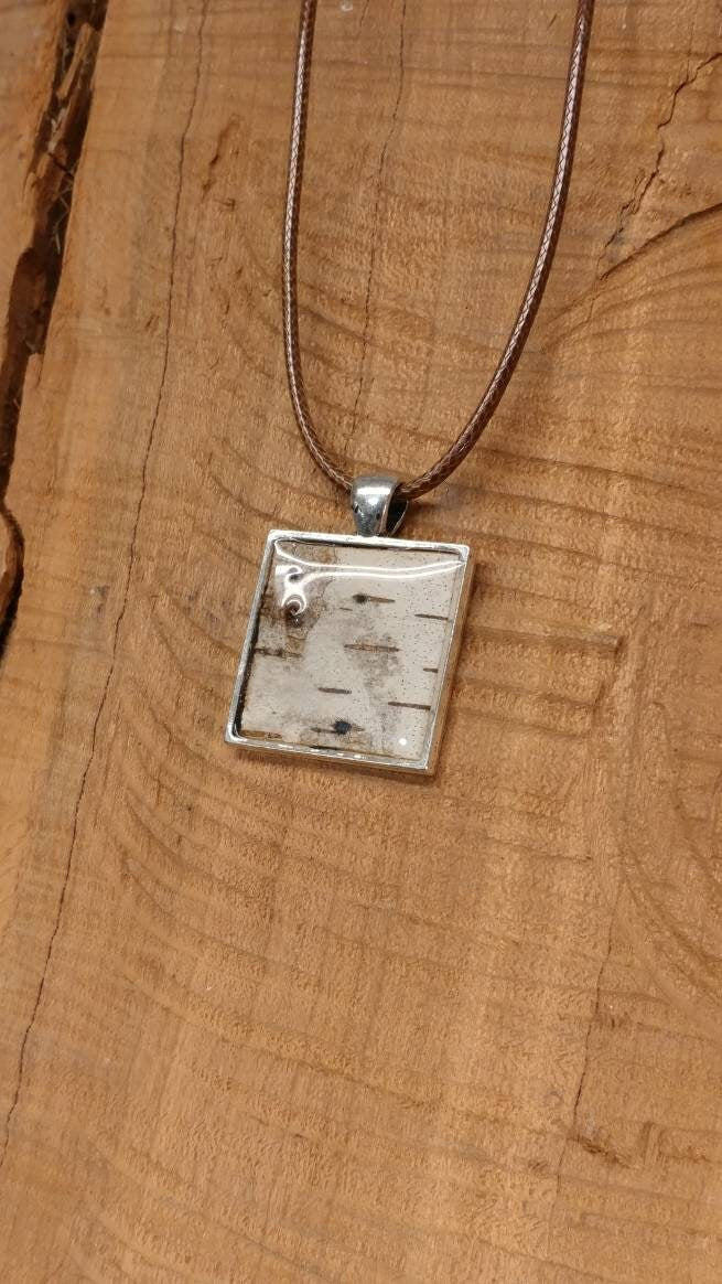 Birch Bark Pendant Necklace Square Silver, Minimalist