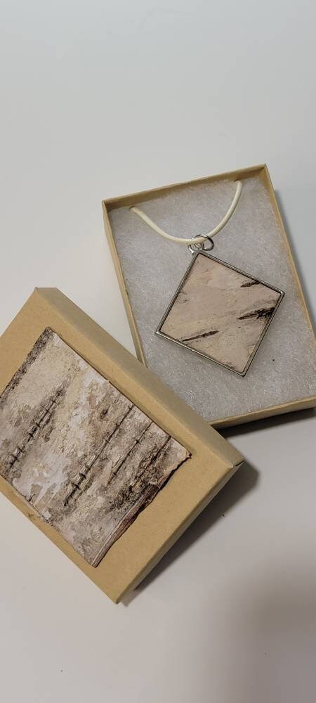 Large Square Birch Bark Pendant Necklace