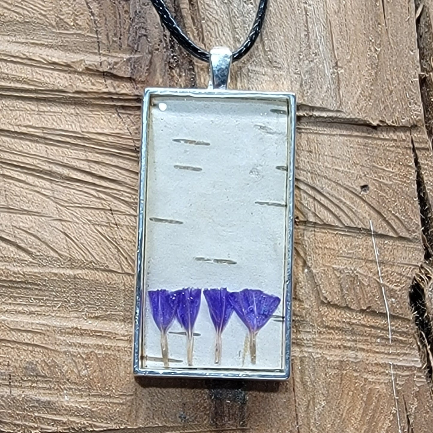 Silver Birch Bark and Flower Purple Necklace, Natural Minimalist