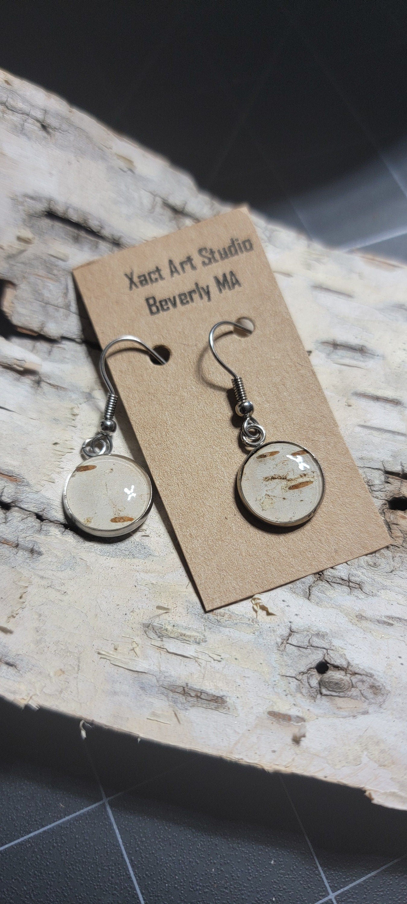 Birch Bark Earrings drop circle natural, minimalist silver.