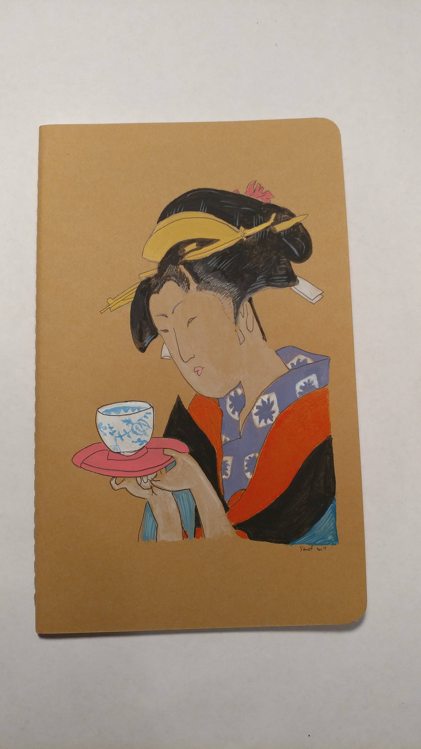 Hand Painted Moleskine Journal Japanese Woman drinking tea