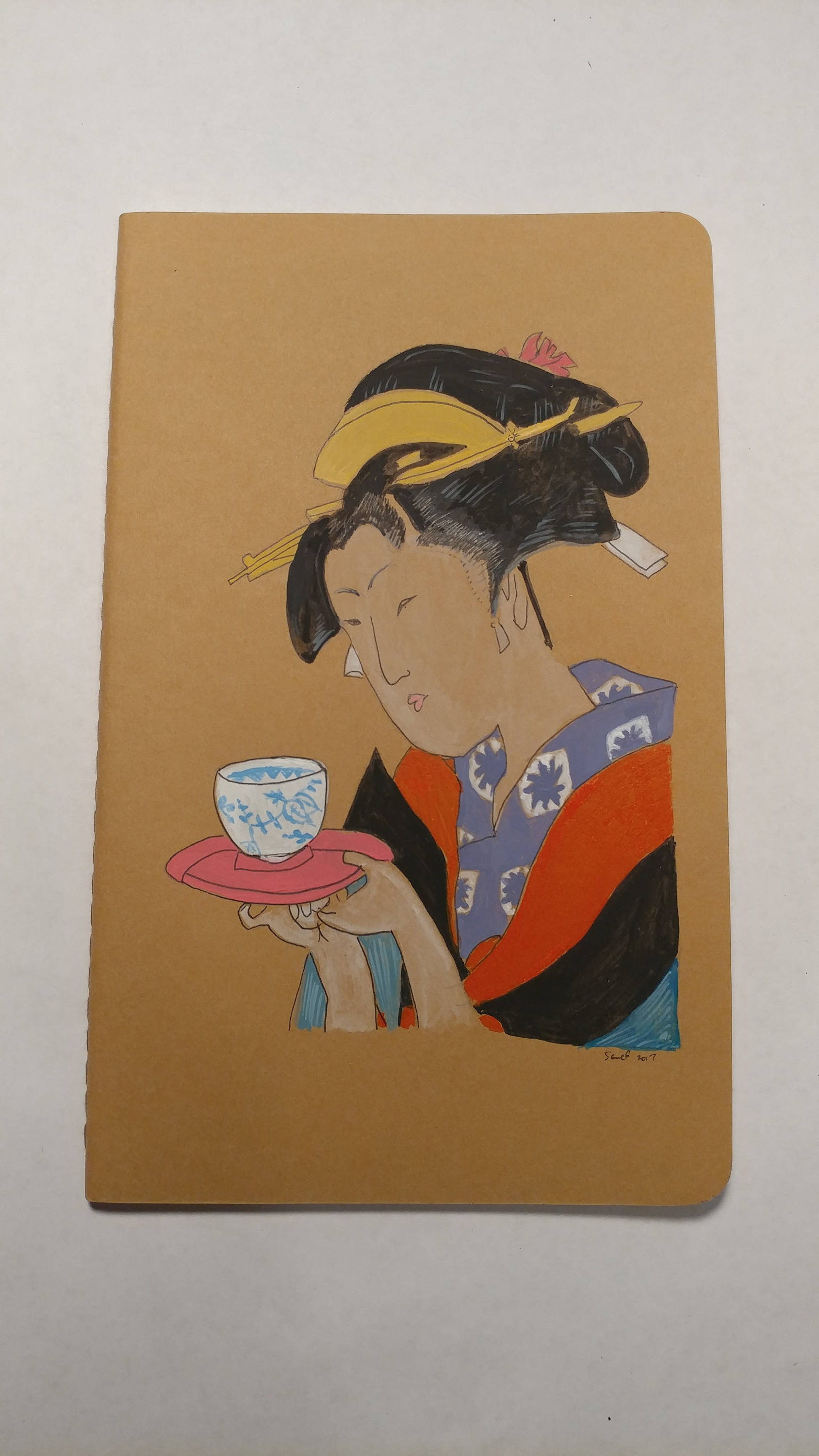Hand Painted Moleskine Journal Japanese Woman drinking tea