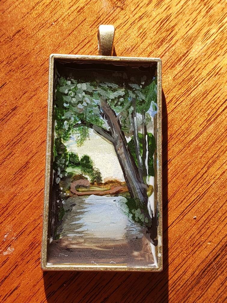 Lake Scene painted Pendant, miniature painting water scene with chain.