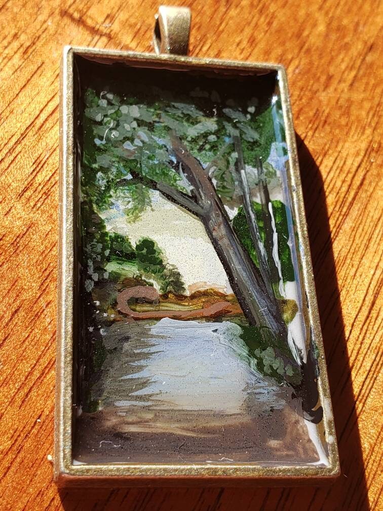 Lake Scene painted Pendant, miniature painting water scene with chain.