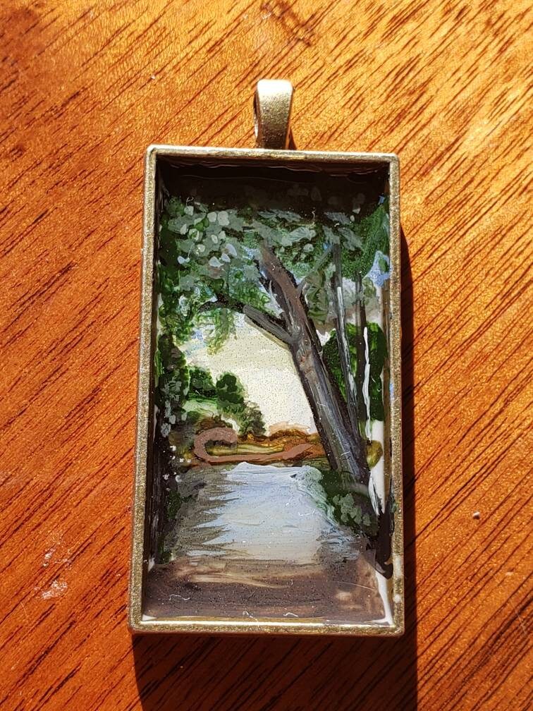 Lake Scene painted Pendant, miniature painting water scene with chain.