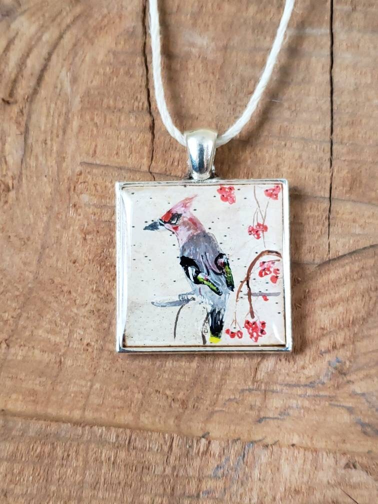 Custom Hand Painted Bird Pendant on Birch Bark