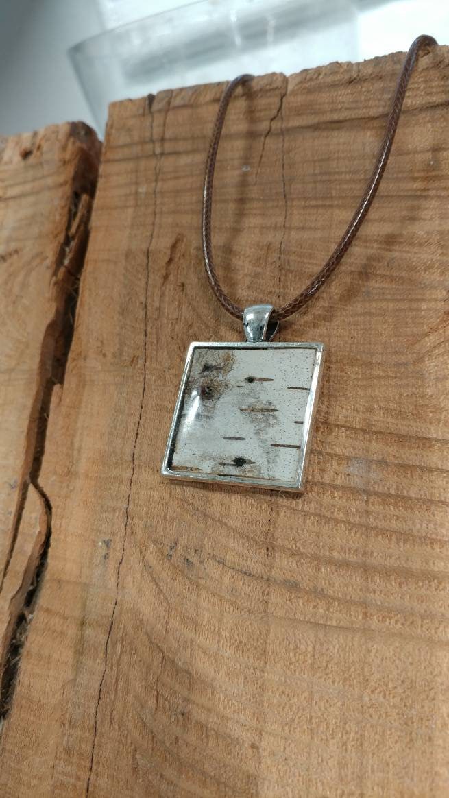 Birch Bark Pendant Necklace Square Silver, Minimalist