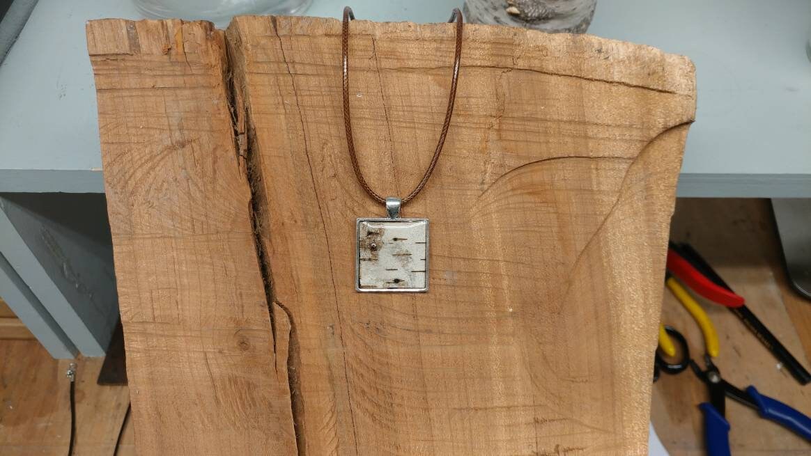 Birch Bark Pendant Necklace Square Silver, Minimalist