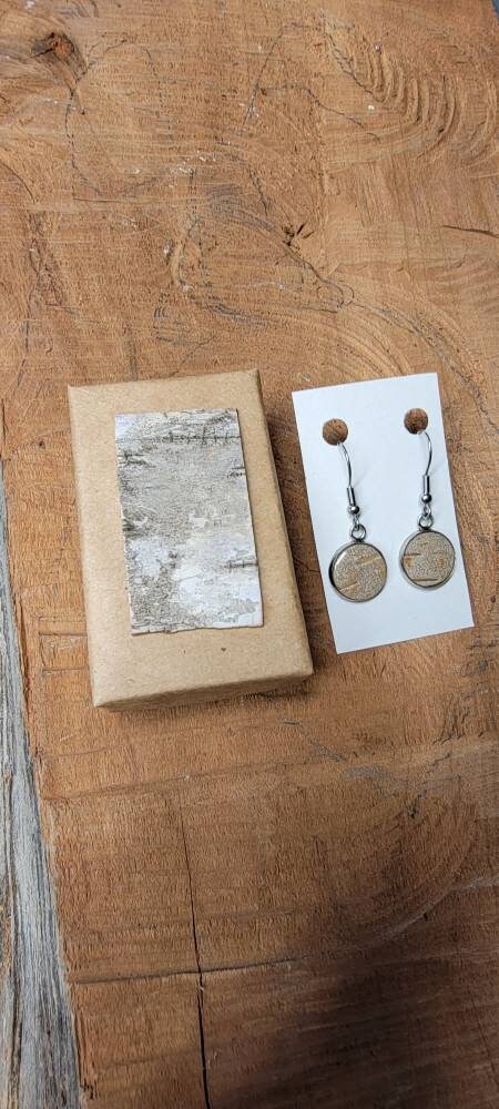Birch Bark Earrings drop circle natural, minimalist silver.