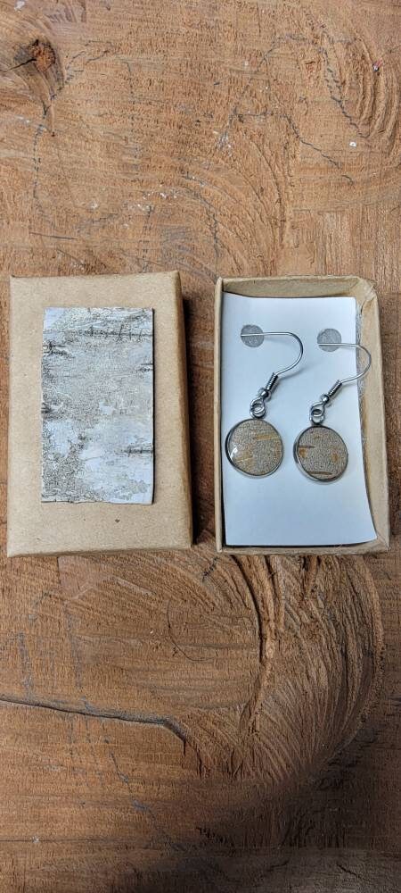 Birch Bark Earrings drop circle natural, minimalist silver.