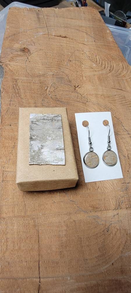 Birch Bark Earrings drop circle natural, minimalist silver.