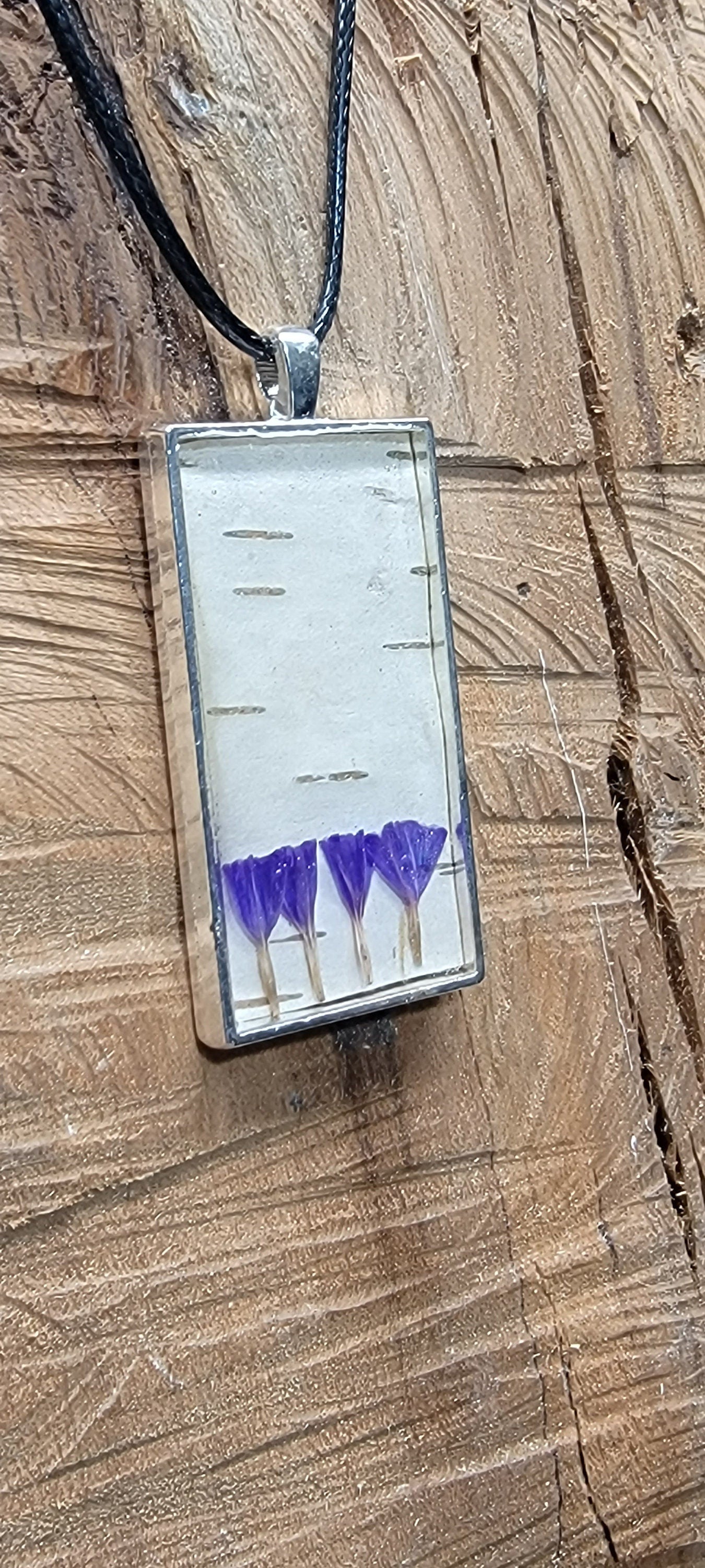 Silver Birch Bark and Flower Purple Necklace, Natural Minimalist