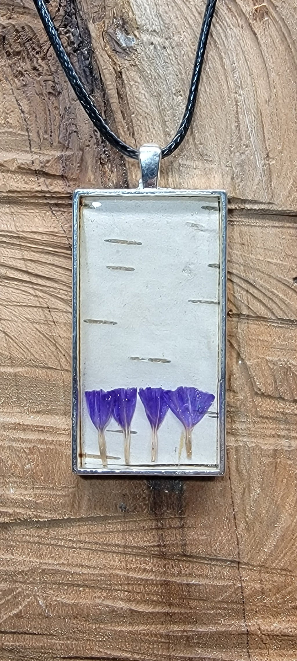 Silver Birch Bark and Flower Purple Necklace, Natural Minimalist