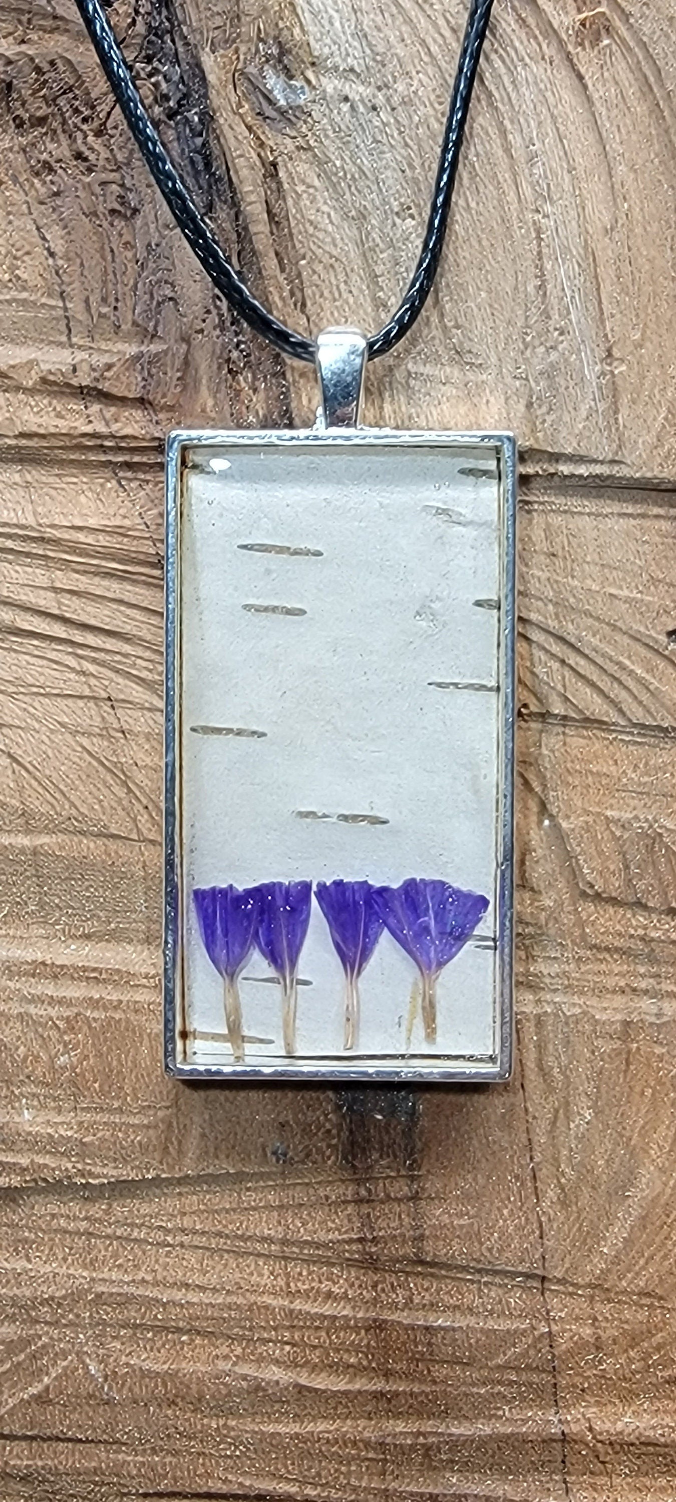Silver Birch Bark and Flower Purple Necklace, Natural Minimalist