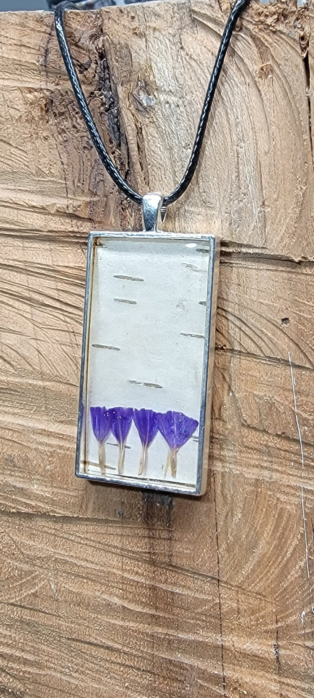 Silver Birch Bark and Flower Purple Necklace, Natural Minimalist