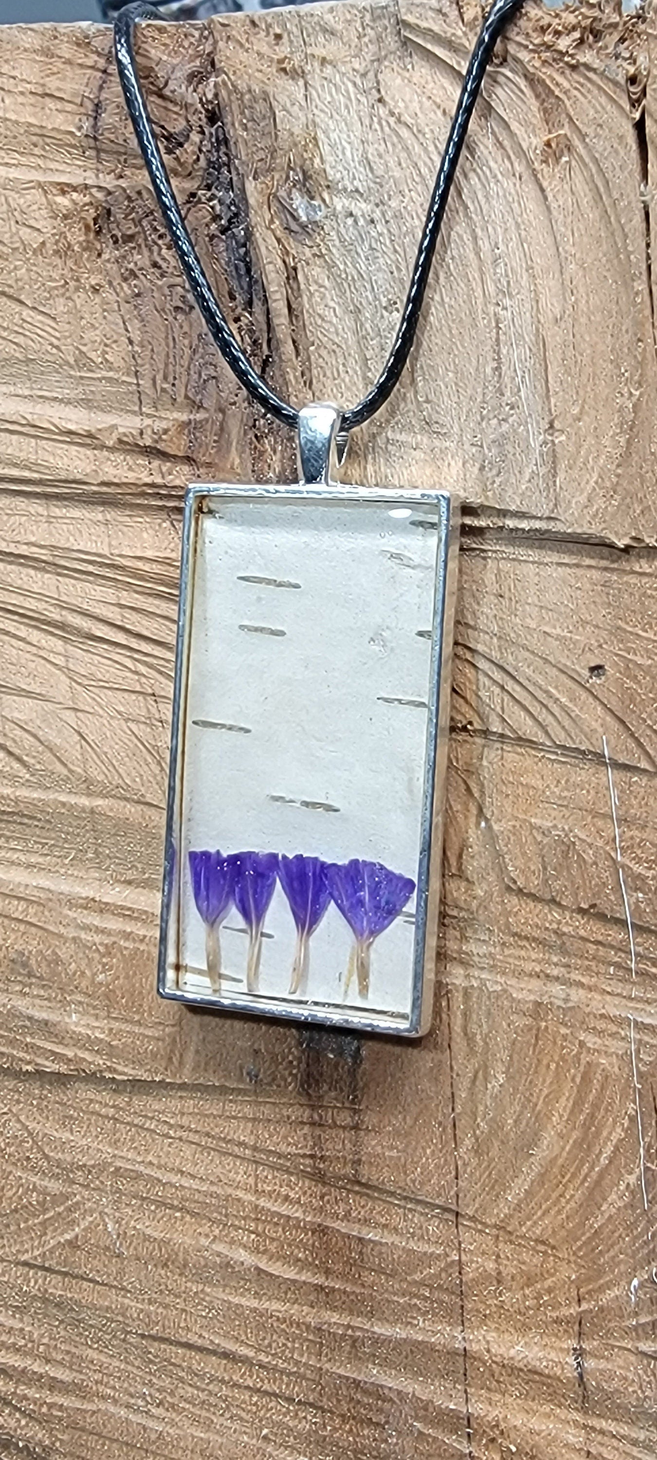 Silver Birch Bark and Flower Purple Necklace, Natural Minimalist