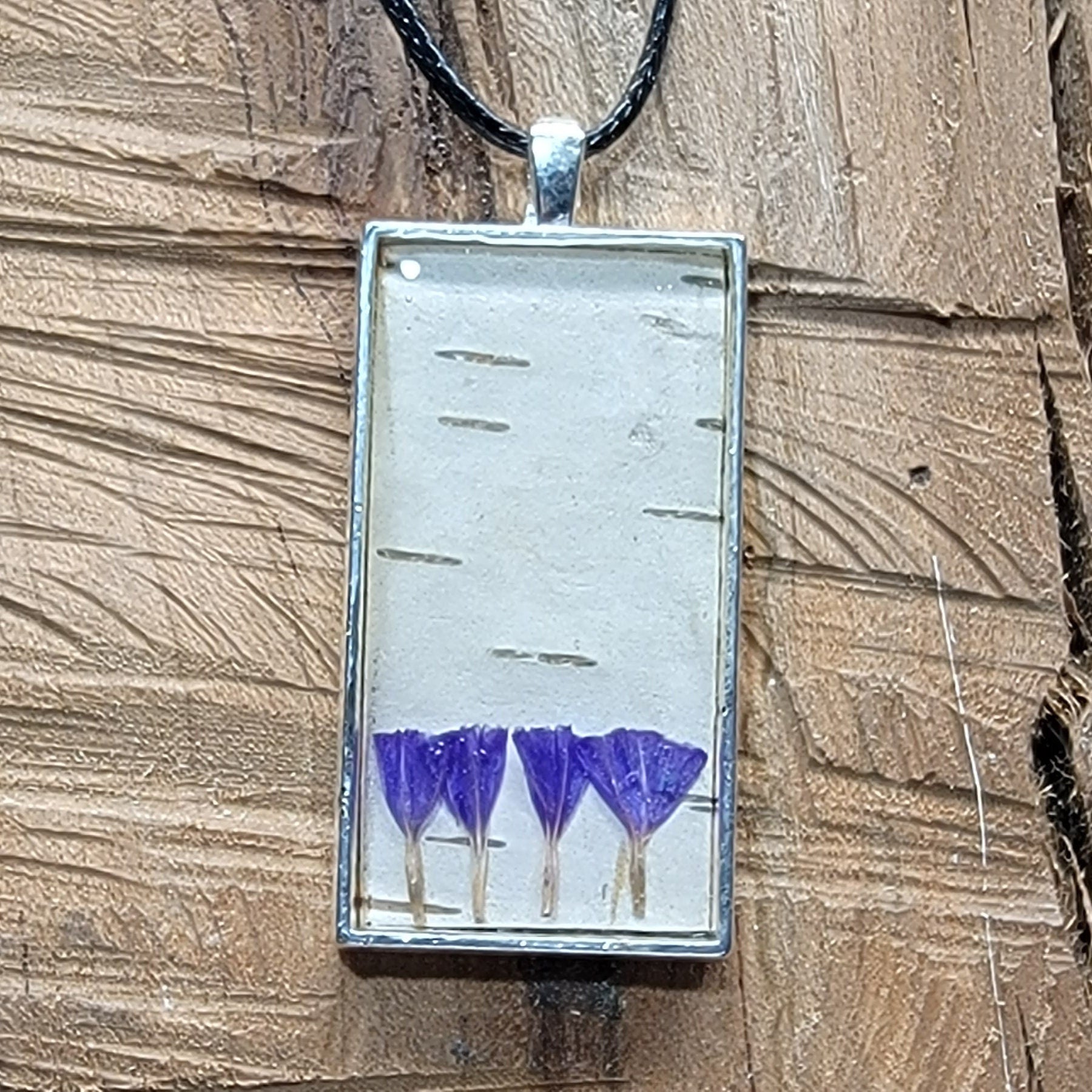 Silver Birch Bark and Flower Purple Necklace, Natural Minimalist