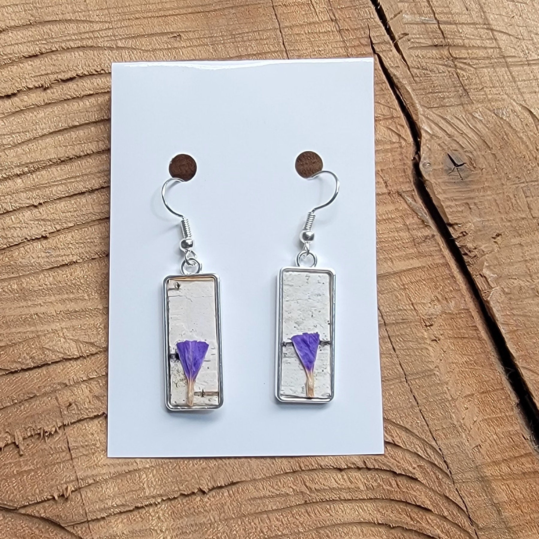 Birch Bark and Purple Flower Earrings, Wearable Natural art