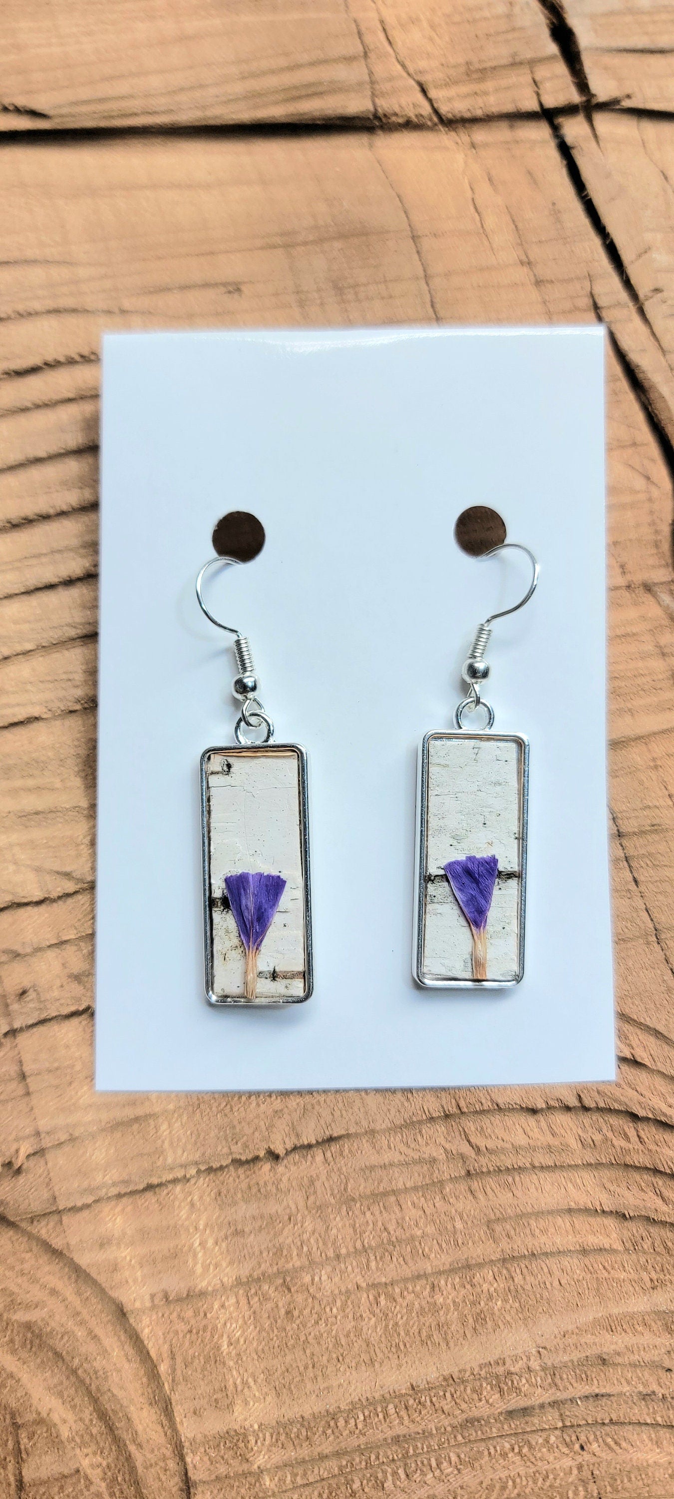 Birch Bark and Purple Flower Earrings, Wearable Natural art