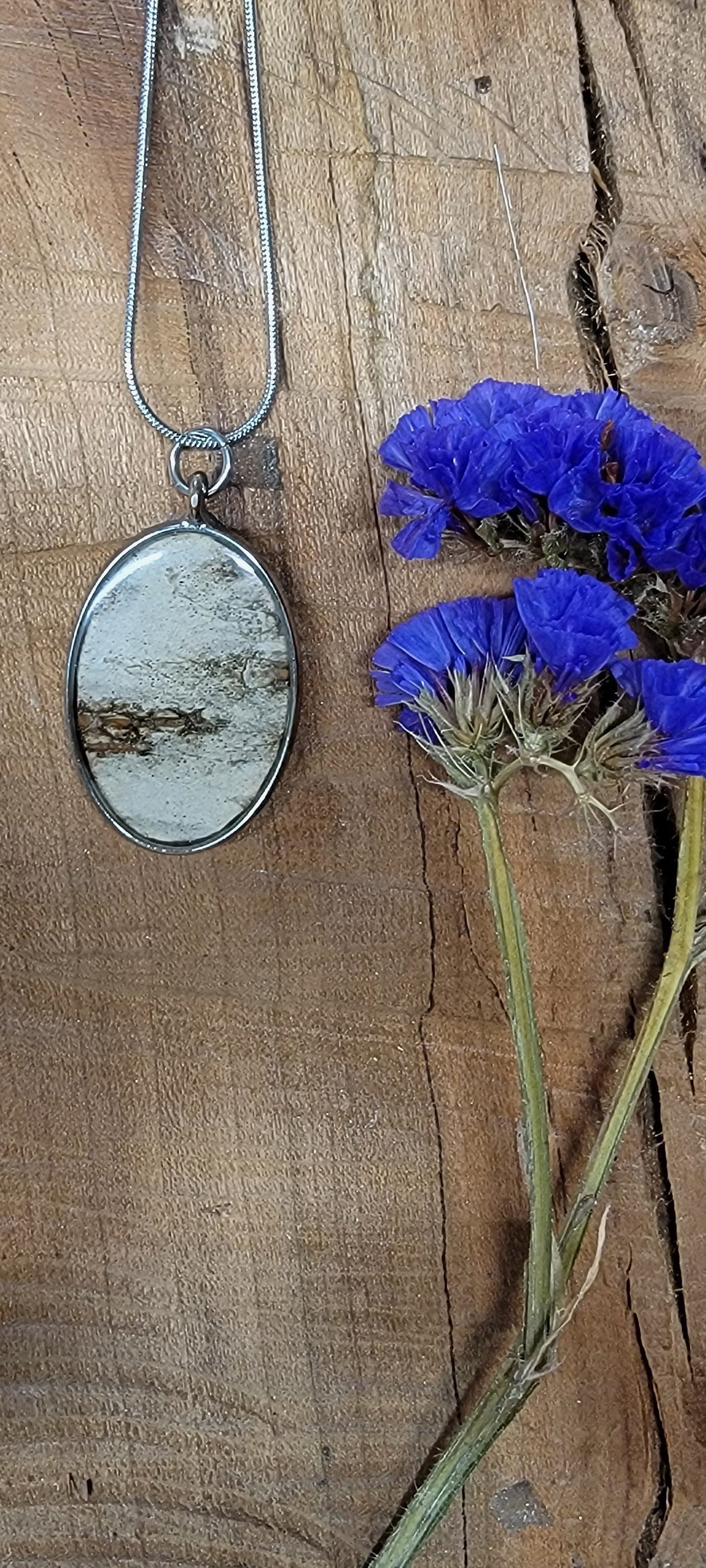 Oval Silver Birch Bark Necklace, Two sided, Natural wearable art