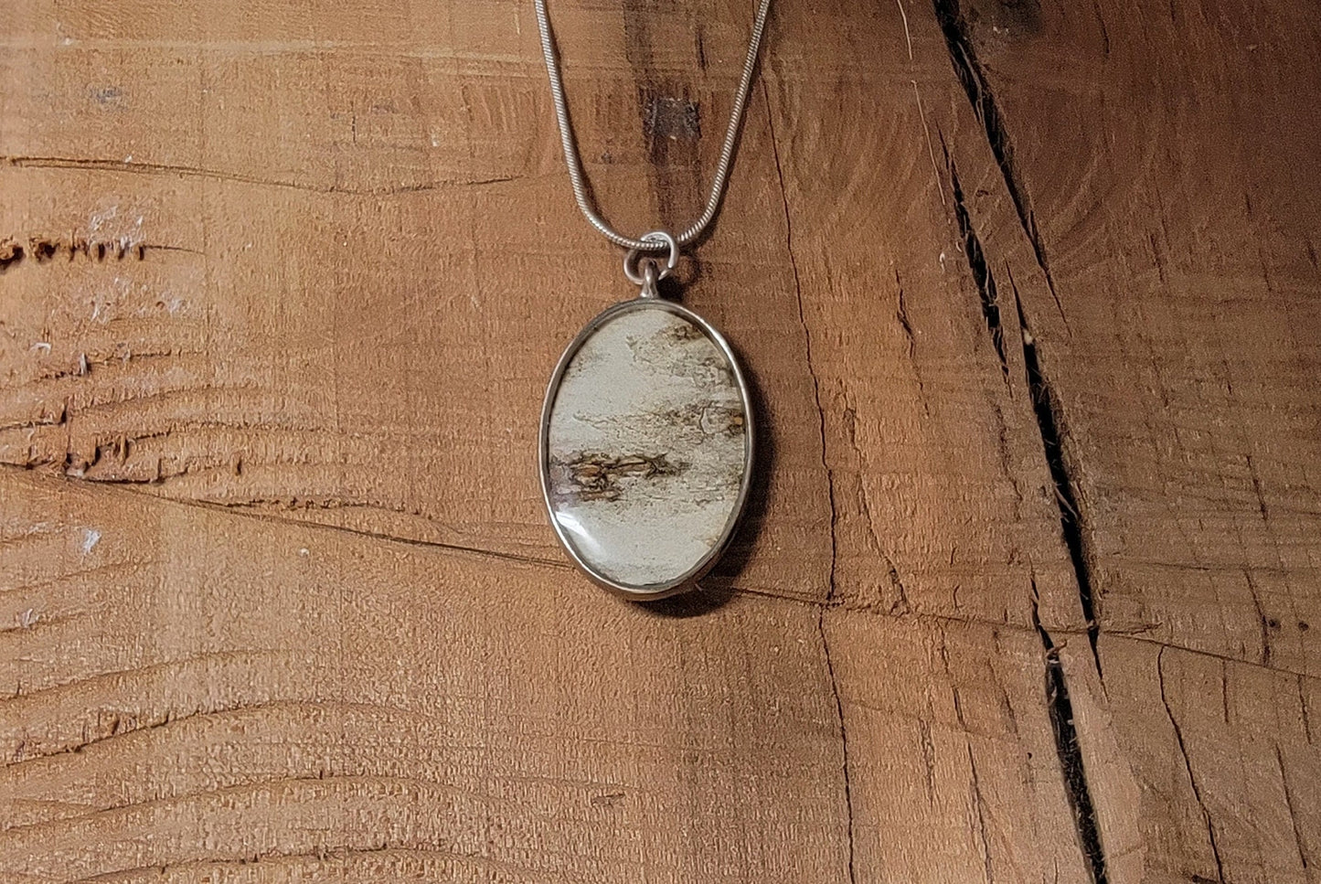 Oval Silver Birch Bark Necklace, Two sided, Natural wearable art