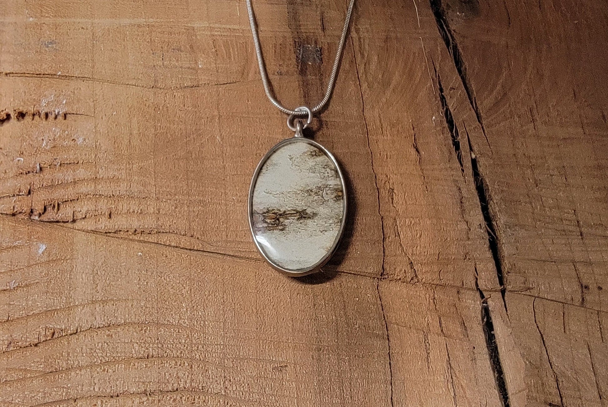 Oval Silver Birch Bark Necklace, Two sided, Natural wearable art