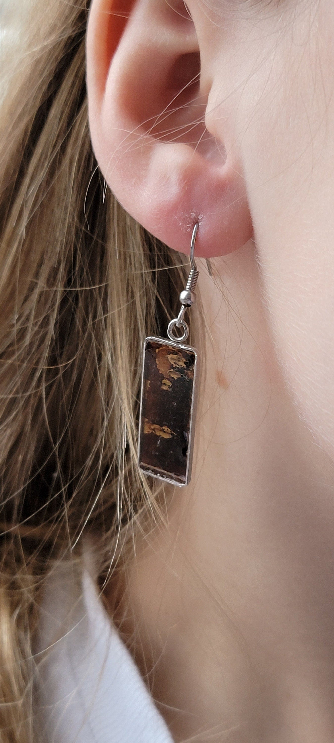Dark Birch Bark Earrings Rectangular, Silver Finish