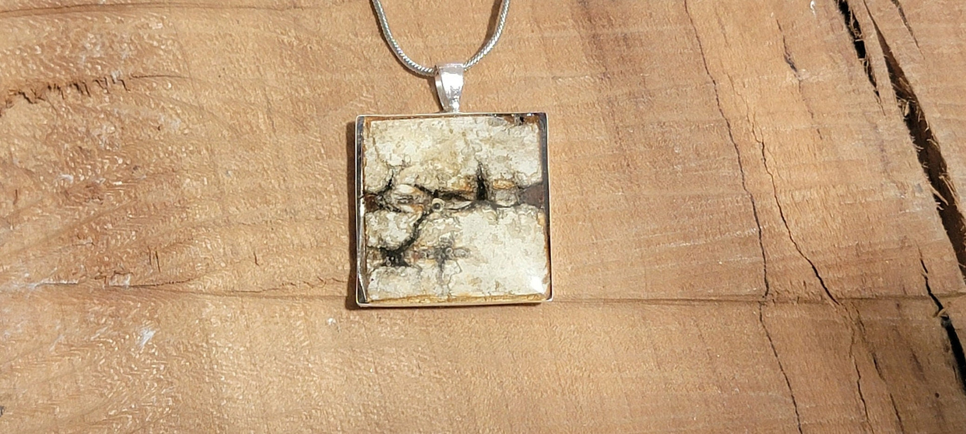 Square Sterling Silver Birch Bark Pendant Necklace