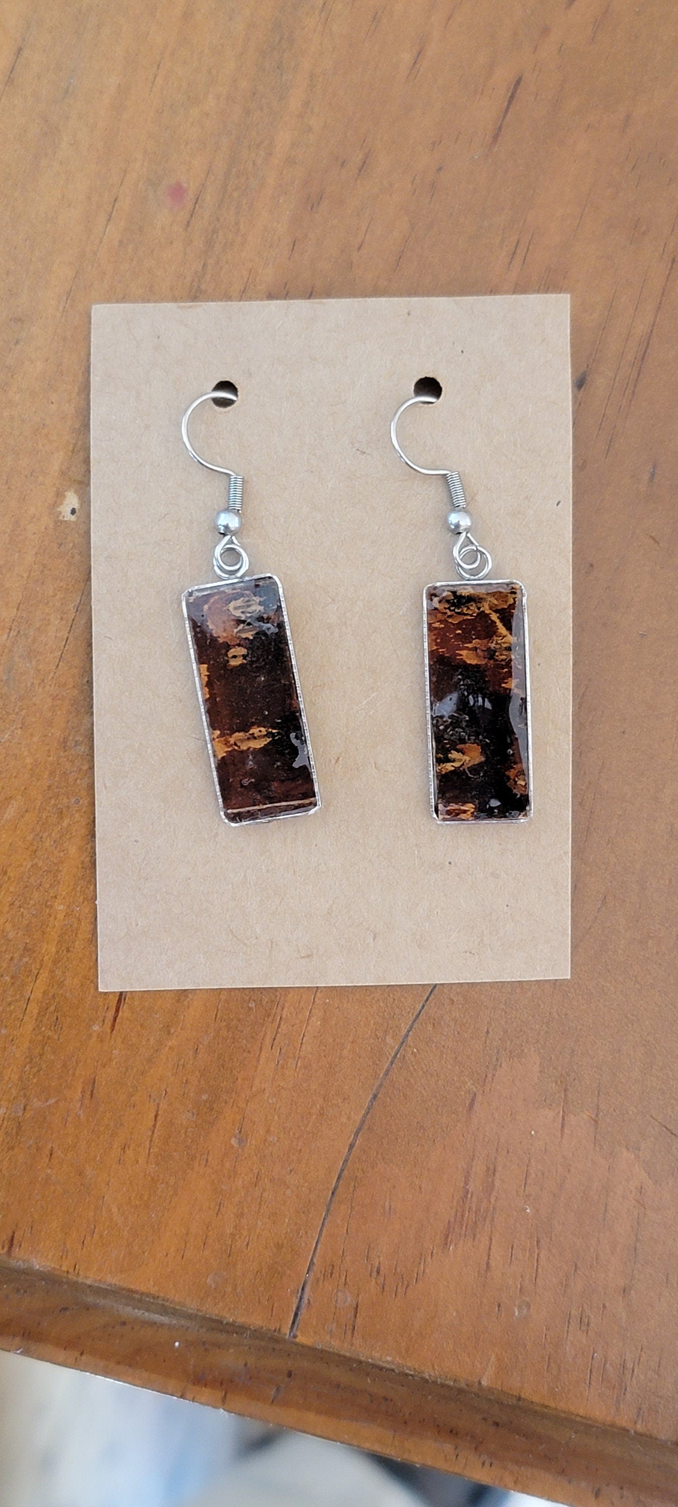 Dark Birch Bark Earrings Rectangular, Silver Finish
