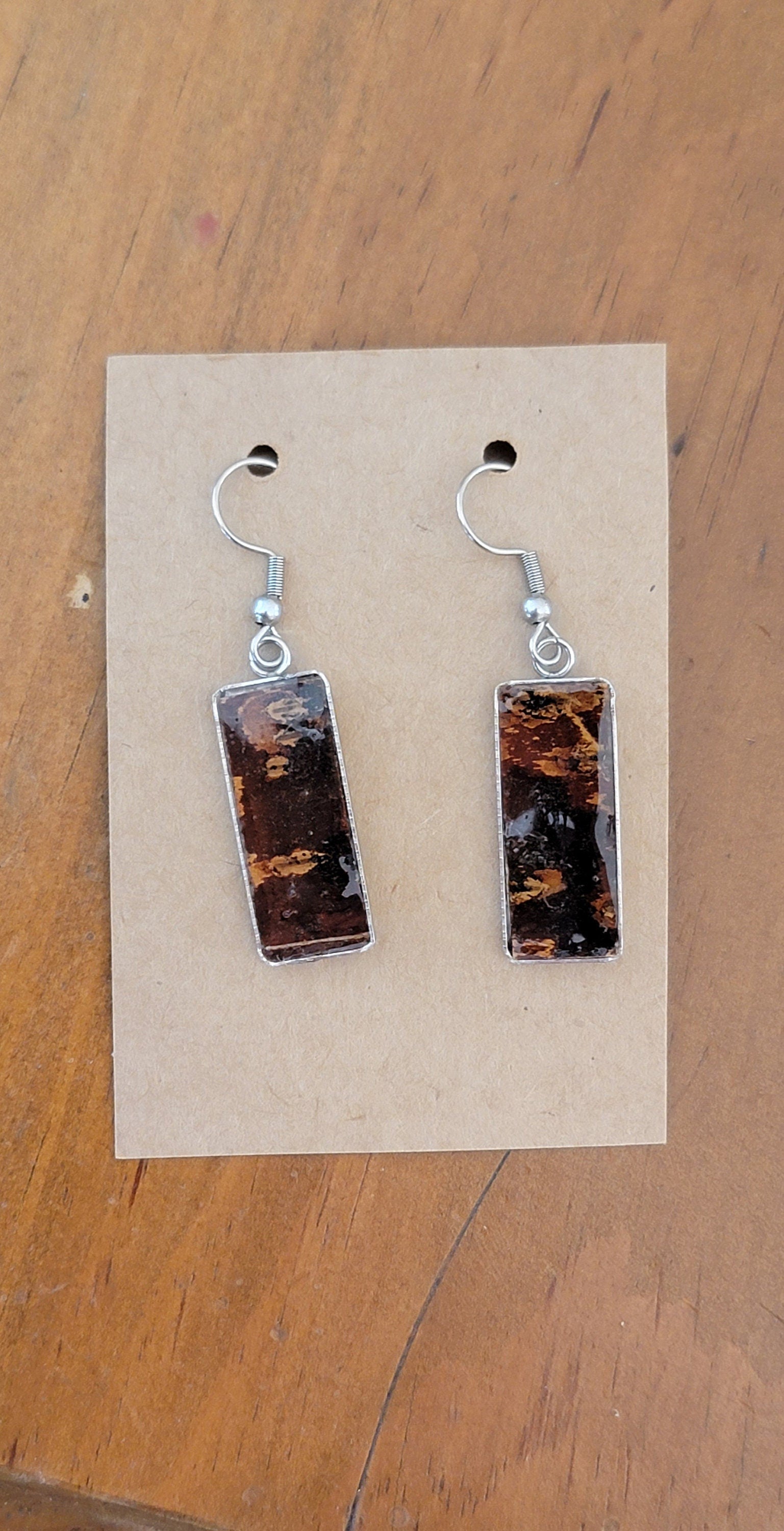 Dark Birch Bark Earrings Rectangular, Silver Finish