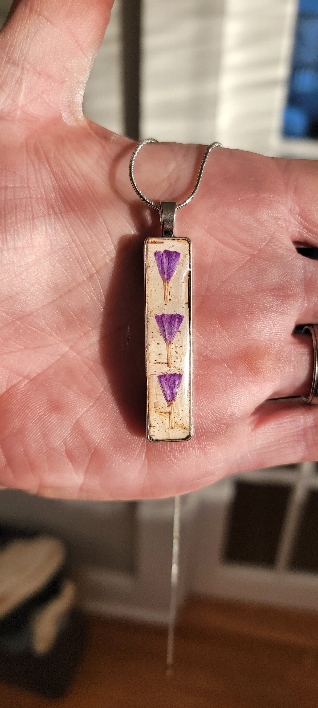 Birch Bark Pendant Necklace with purple flowers, wearable art.