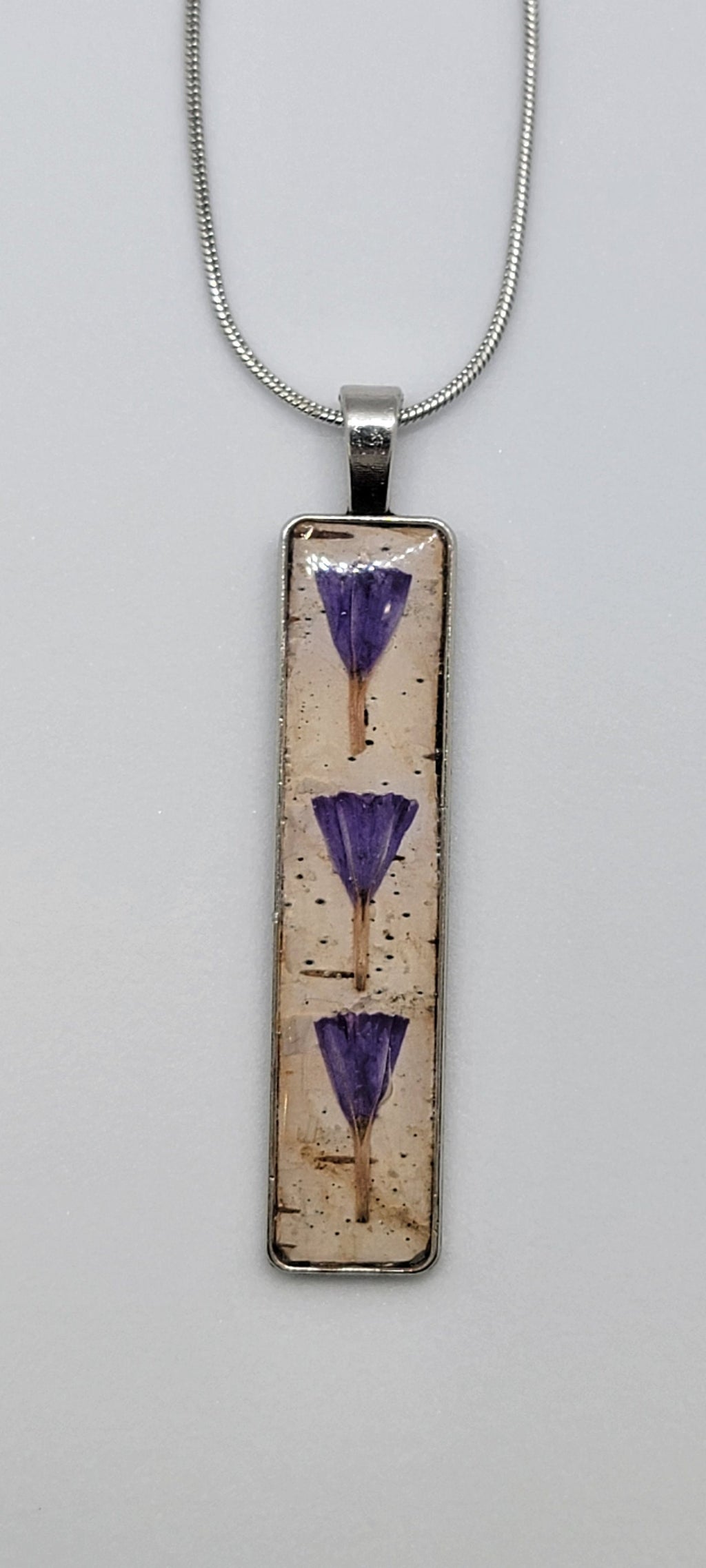 Birch Bark Pendant Necklace with purple flowers, wearable art.