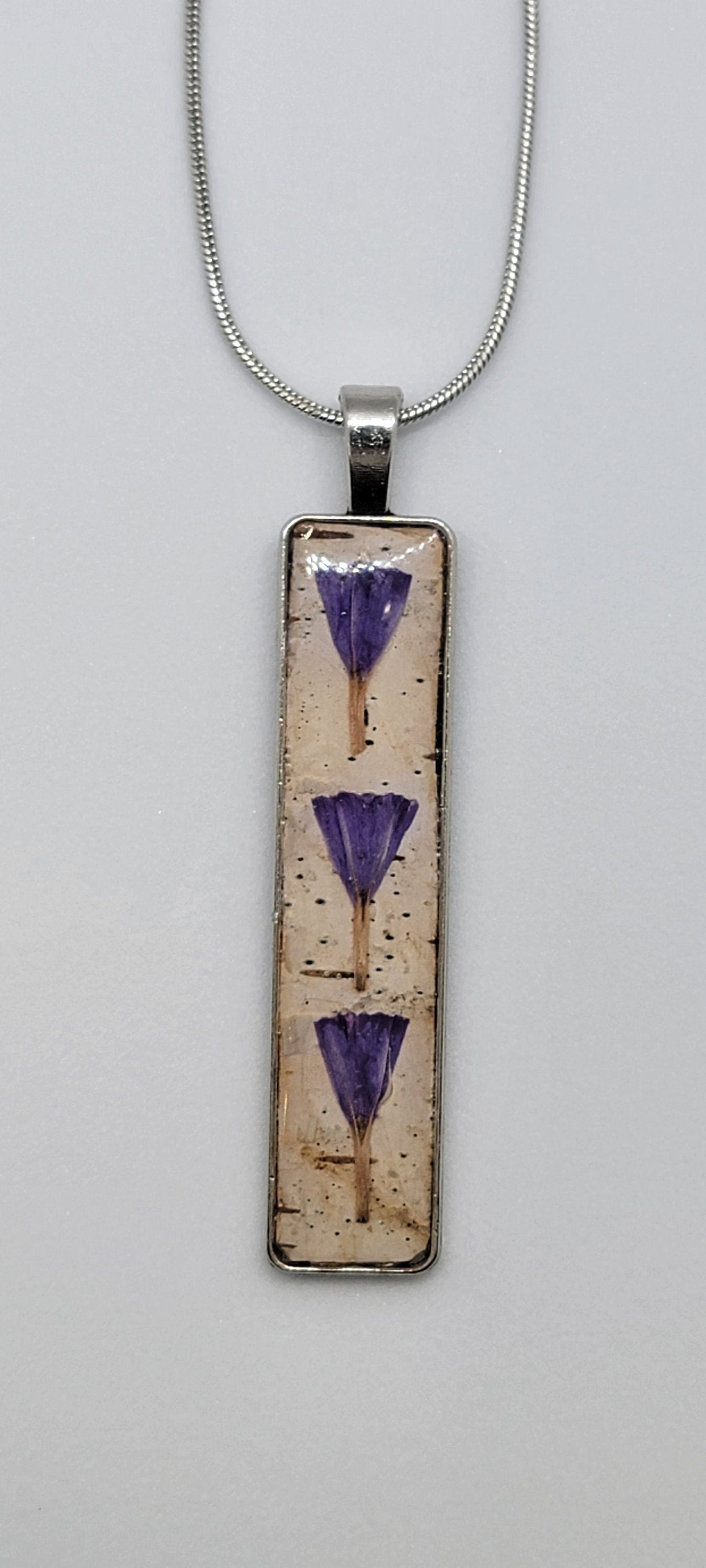 Birch Bark Pendant Necklace with purple flowers, wearable art.