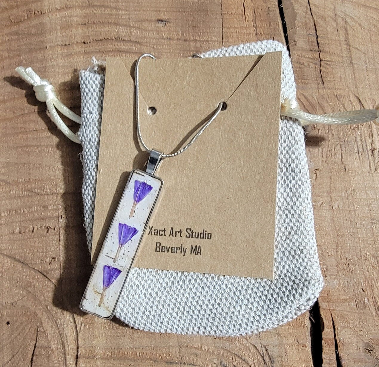 Birch Bark Pendant Necklace with purple flowers, wearable art.