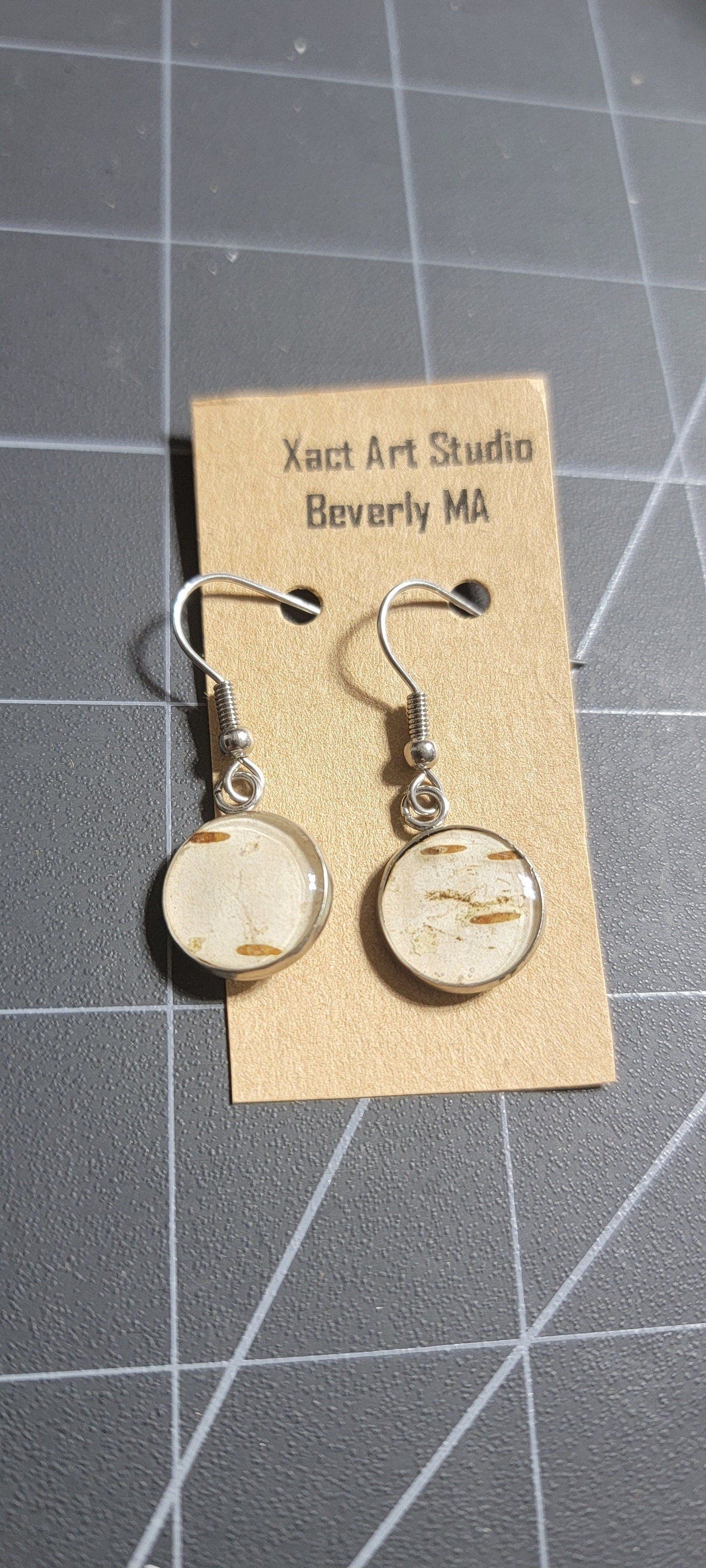 Birch Bark Earrings drop circle natural, minimalist silver.