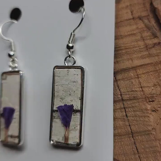 Birch Bark and Purple Flower Earrings, Wearable Natural art