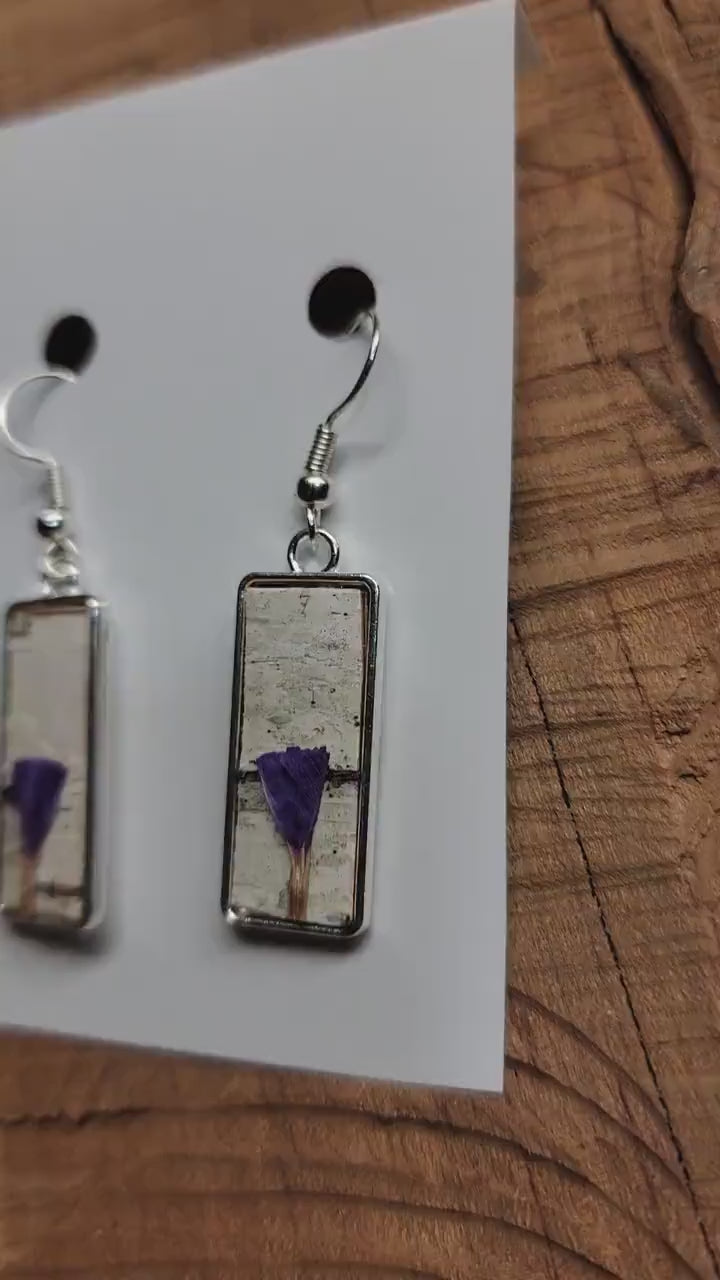 Birch Bark and Purple Flower Earrings, Wearable Natural art