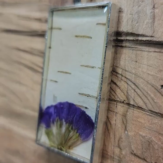 Silver Birch Bark and Flower Purple Necklace, Natural Minimalist