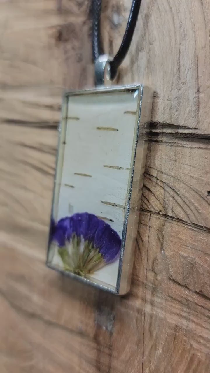 Silver Birch Bark and Flower Purple Necklace, Natural Minimalist